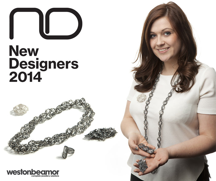 New Designers 2014 poster of a young designer wearing her long oxidised silver chain necklace
