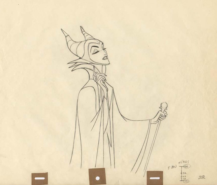 Original pencil production drawing of Maleficent in her horned headdress, holding her staff