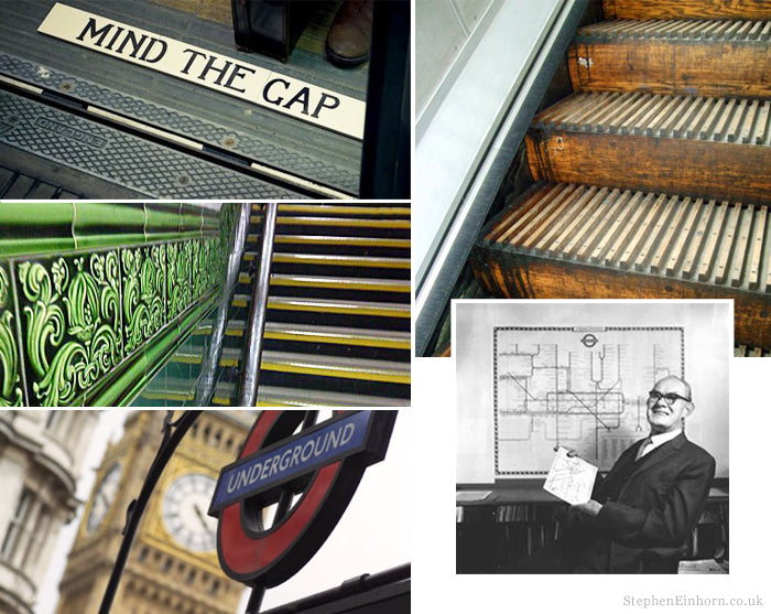 Collage of the London Tube: Mind the Gap sign, wooden escalator, green tiles, Underground roundel and map