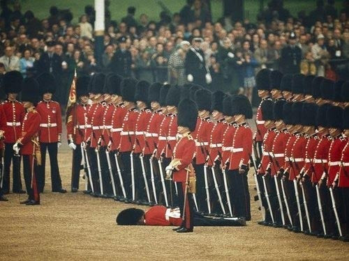 Row of Guardsmen in red tunics and bearskins standing to attention while one lies fainted on the ground