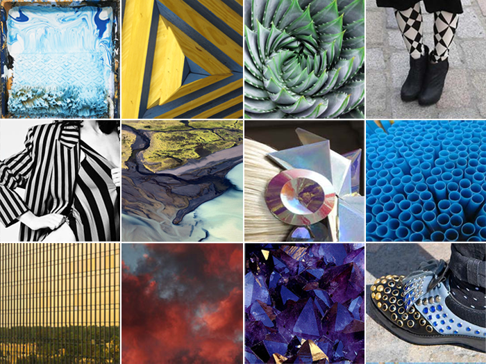 Grid of Patternity pattern photos: aloe spiral, blue tubes, amethyst crystals, stripes and studded shoes