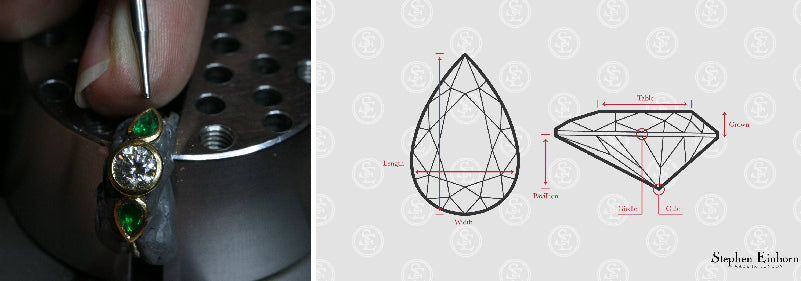 Emerald and diamond ring being set at the bench, beside a diagram of a pear-cut diamond's proportions