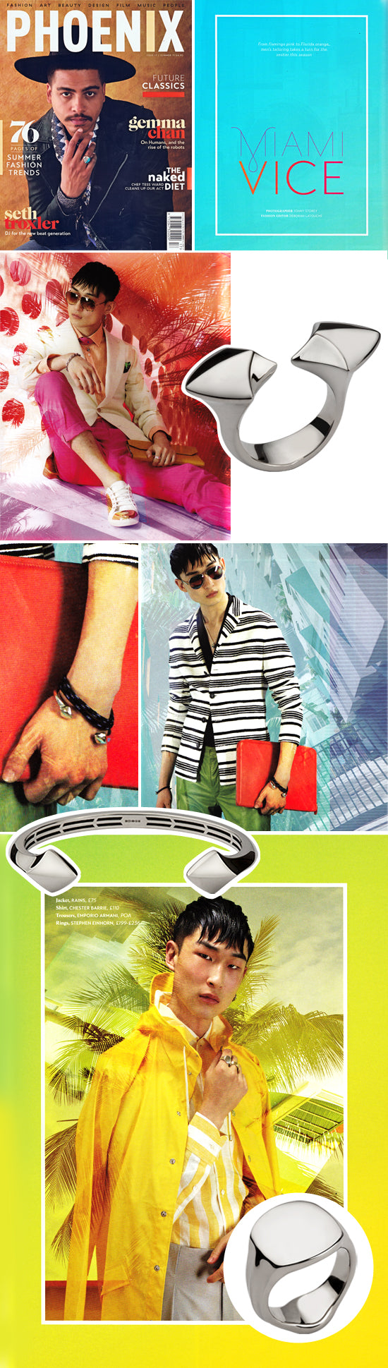 Phoenix magazine Miami Vice fashion shoot with men wearing our silver rings, cuff and bracelet