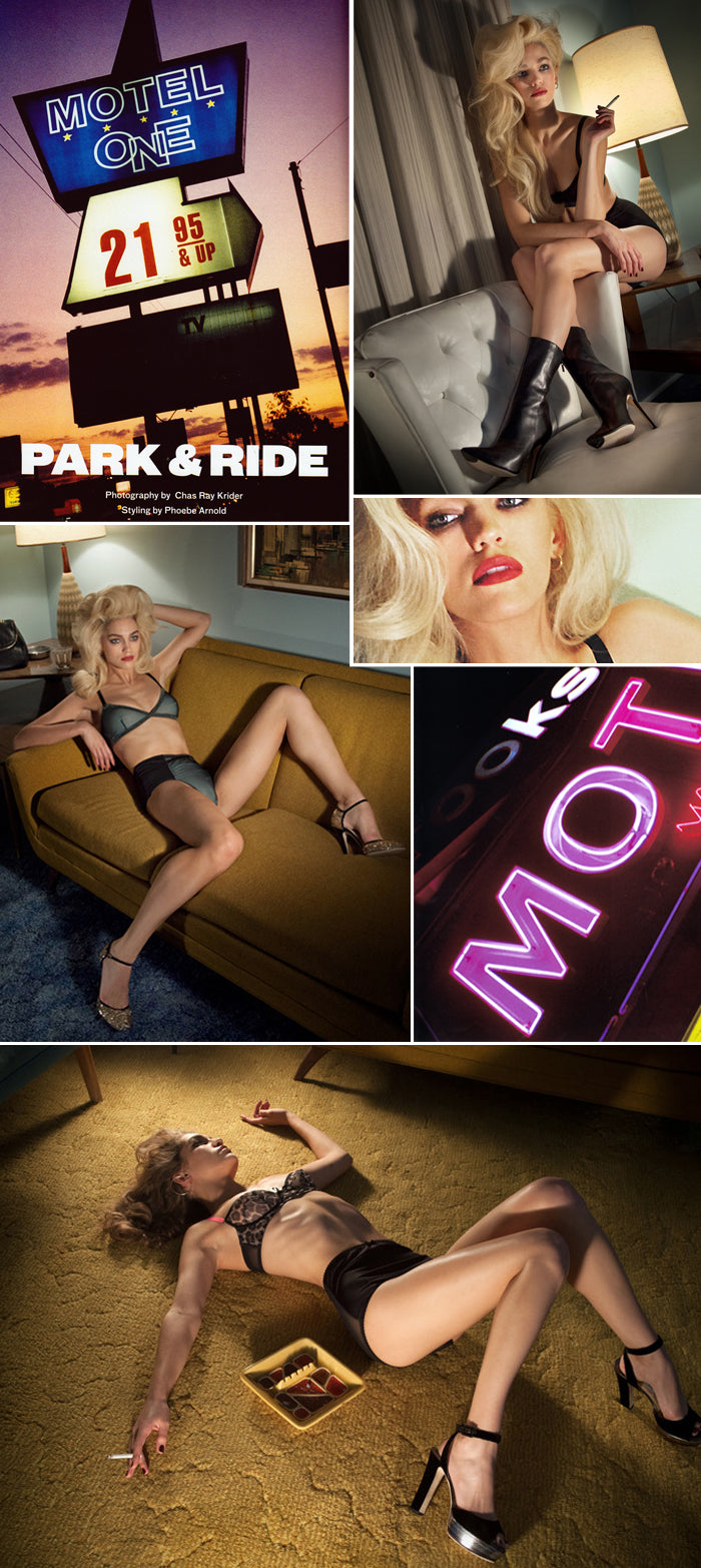 Ponystep magazine Park and Ride shoot of a blonde model in lingerie in a retro motel room, wearing hoop earrings