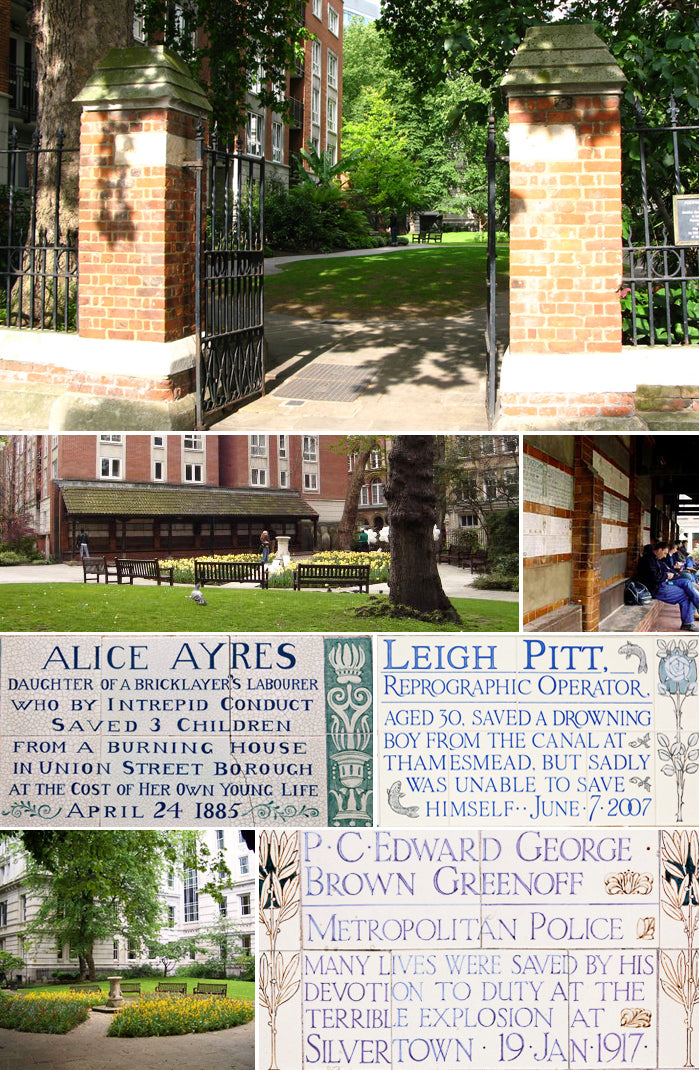 Postman's Park in the City of London: brick gateposts, the garden and the Watts memorial tiles to heroic self-sacrifice