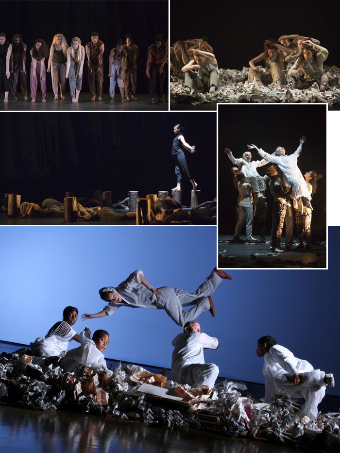Riot Offspring dancers performing on stage among heaps of crumpled paper at Sadler's Wells