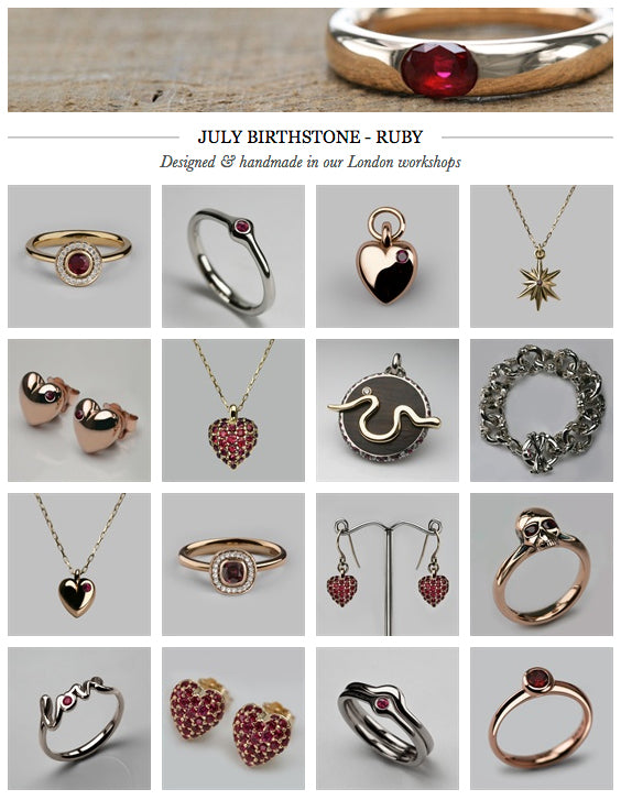 July birthstone jewellery: ruby rings, heart pendants, stud earrings and charms in gold and silver