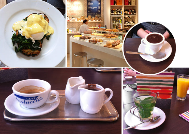 Breakfast at Carluccio's: eggs Benedict, coffee with milk jugs, hot chocolate, fresh mint tea and orange juice