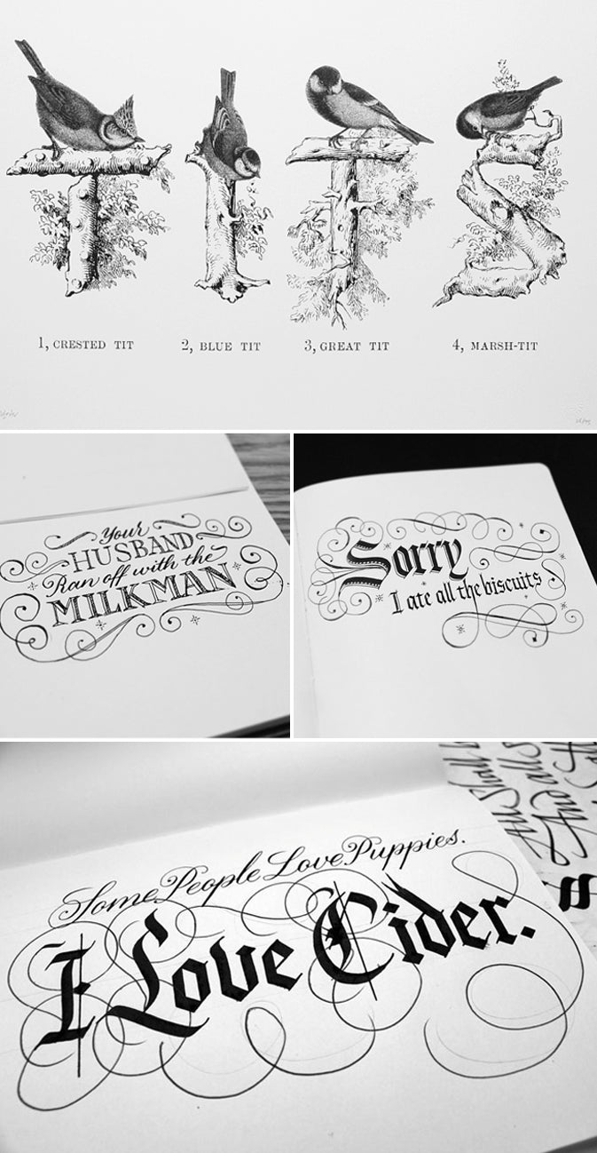 Seb Lester lettering: engraved birds perched on letters spelling TITS and calligraphy reading 'I Love Cider'