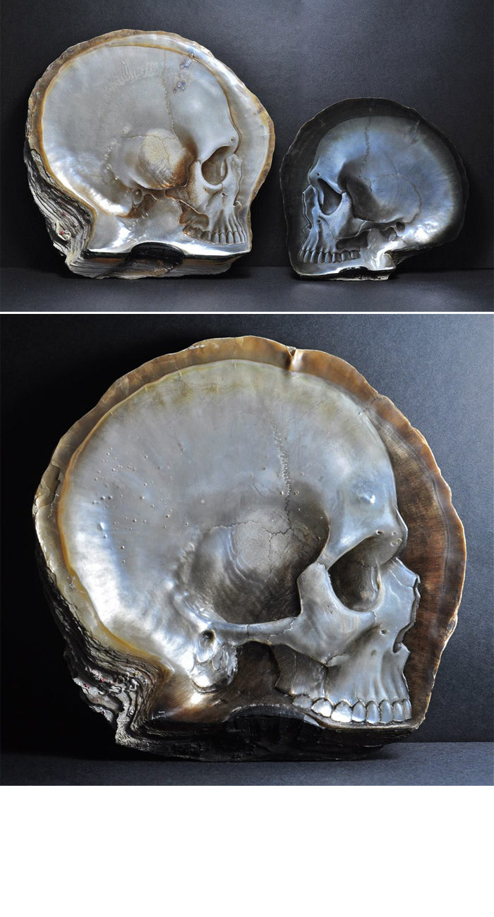 Two mother-of-pearl shells carved with human skulls by Gregory Halili, shown on a dark background