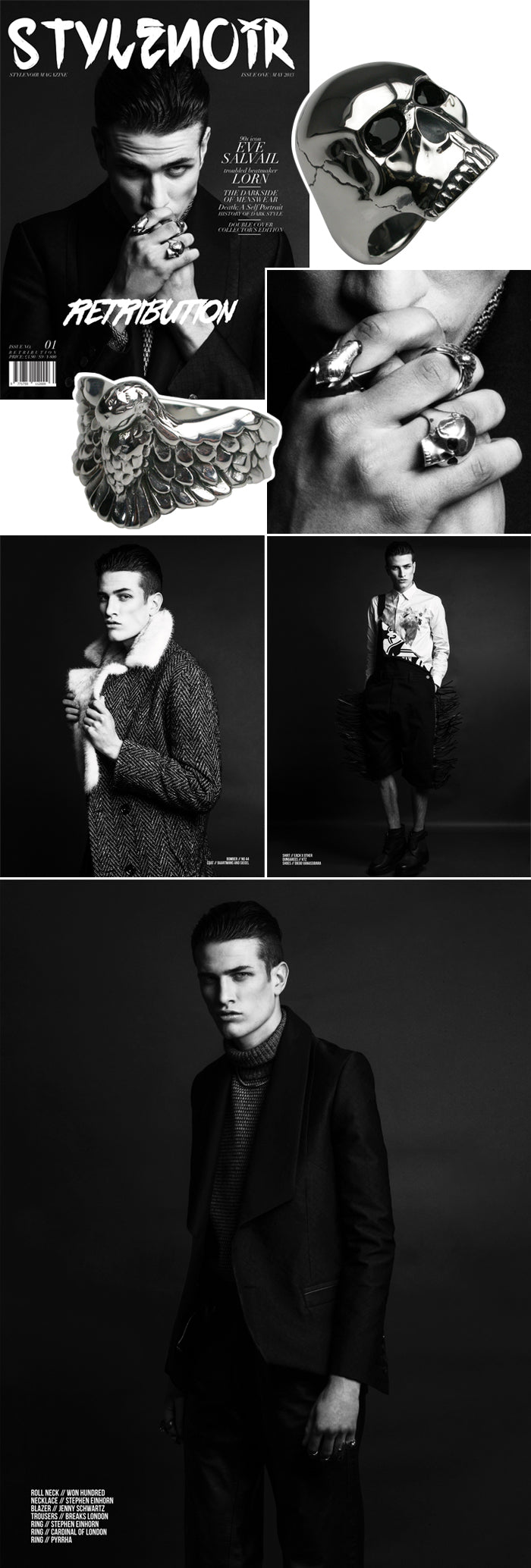 Stylenoir magazine cover and black and white menswear pages, with silver skull and bird rings in close-up