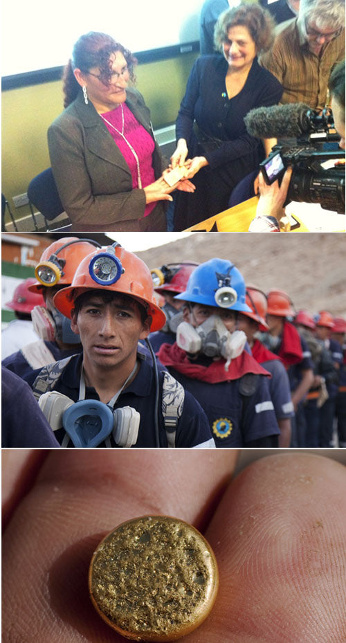Fairtrade gold collage: a certificate handed over, Peruvian miners in hard hats, and a small gold button
