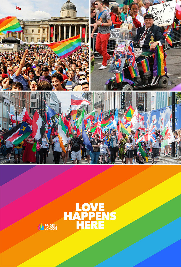 Pride in London crowds with rainbow and national flags, above a rainbow banner reading Love Happens Here