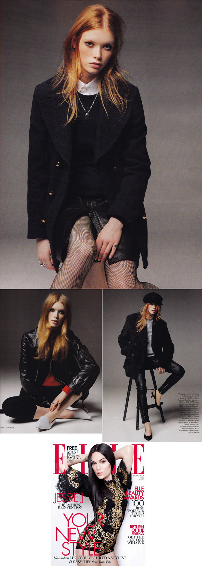 British Elle November issue pages of a red-haired model in black coats wearing a silver pendant necklace