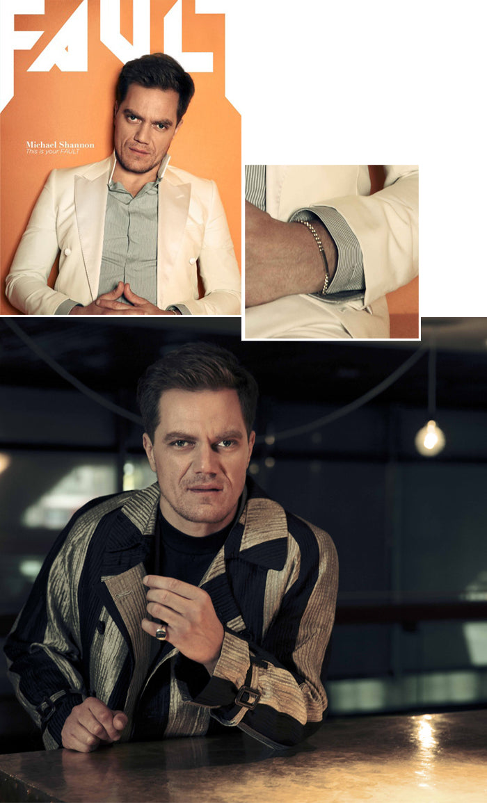 Michael Shannon on the cover of Fault Magazine in a cream jacket, with close-ups of his bracelet and silver ring