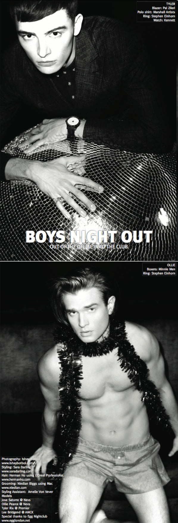 Black and white Beige Magazine shoot of male models wearing silver rings, one with his hands on a mirror ball