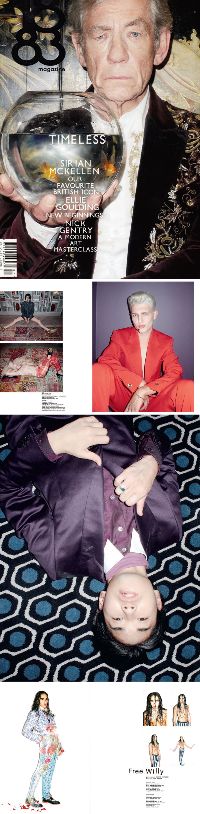 1883 Magazine cover and fashion pages, including a man lying on a patterned carpet wearing a ring with a green stone