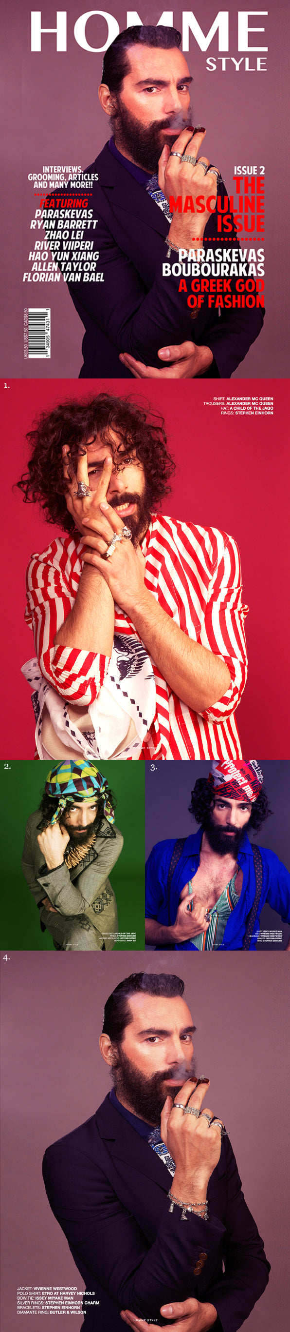 Homme Style magazine shoot of bearded men wearing Stephen Einhorn silver rings and charm bracelets