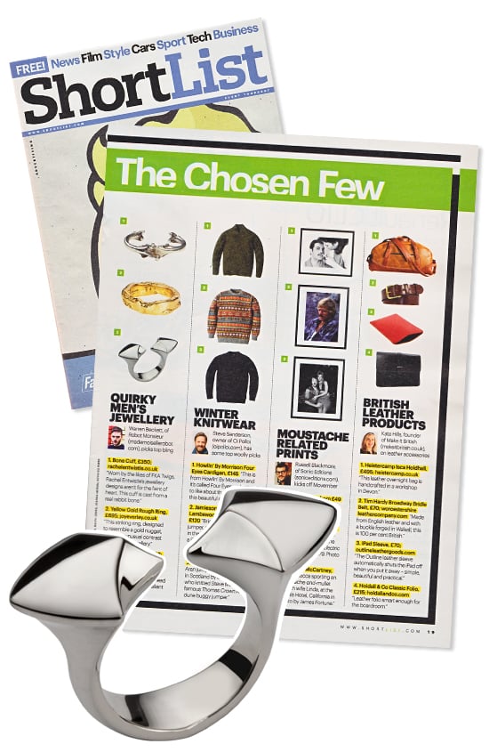 ShortList magazine's The Chosen Few page featuring the silver Arrowhead ring, with the ring shown in front