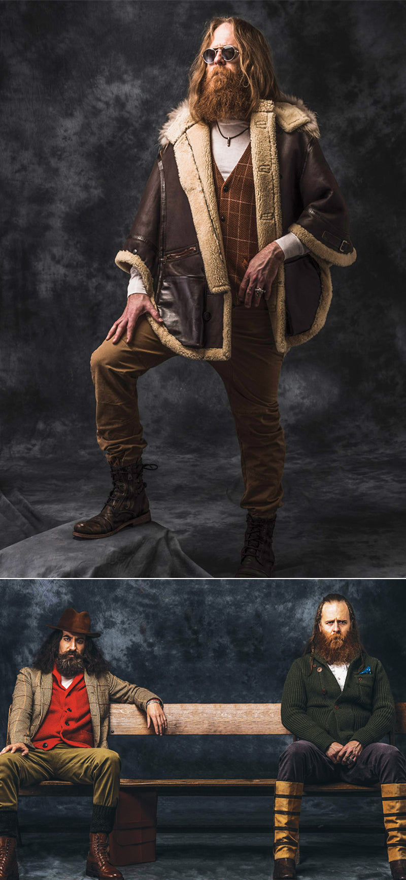 Spectrum magazine shoot of bearded men in tailored and shearling coats wearing silver rings and a pendant