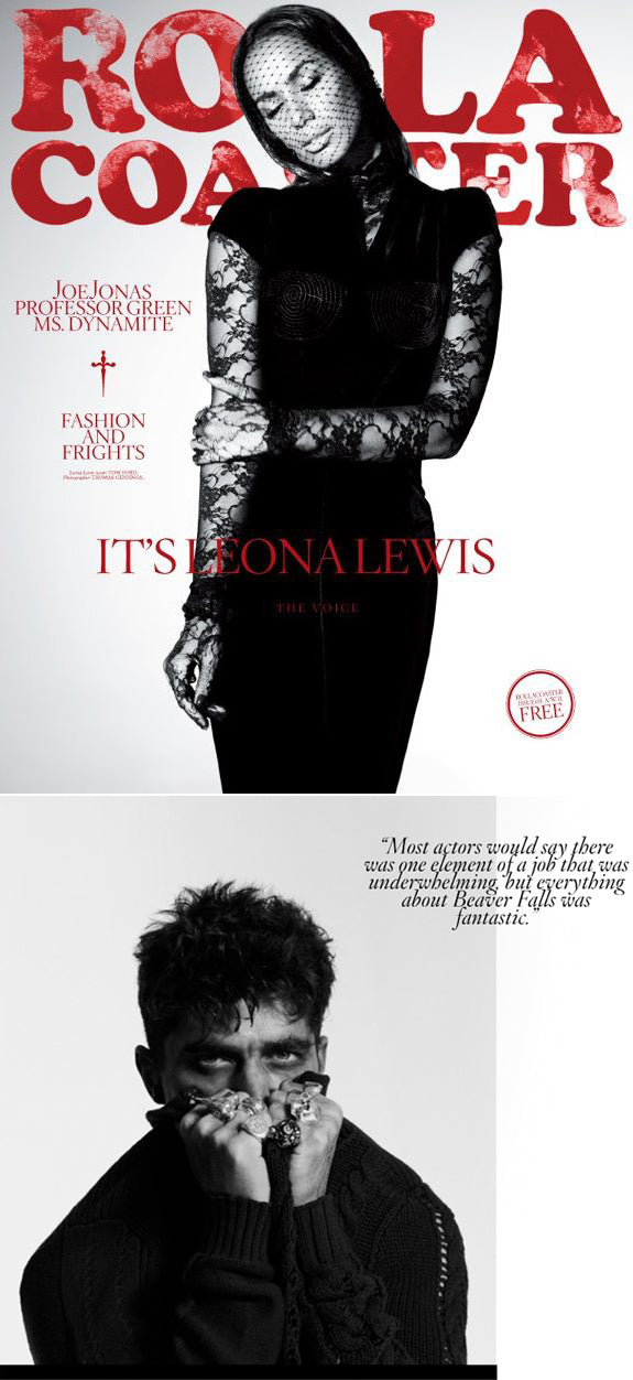 Rollacoaster Magazine cover and a black and white portrait of a man wearing several silver skull rings