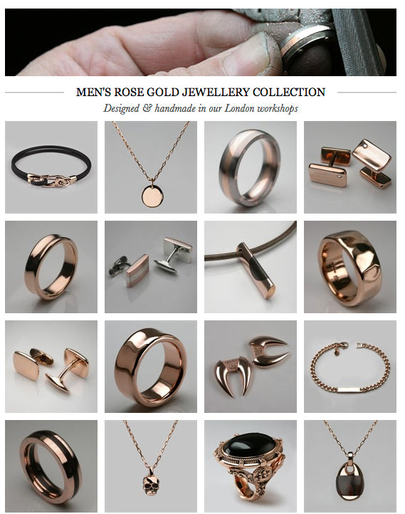 Grid of men's rose gold jewellery: rings, cufflinks, pendants, a skull charm and a leather bracelet