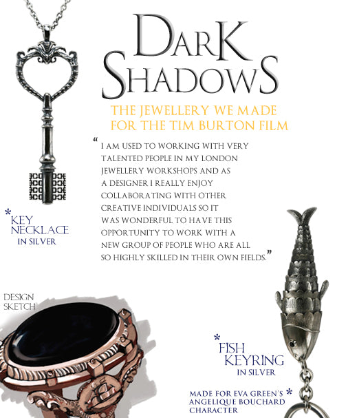 Dark Shadows jewellery: silver key necklace, silver fish keyring and a sketch of a black stone ring