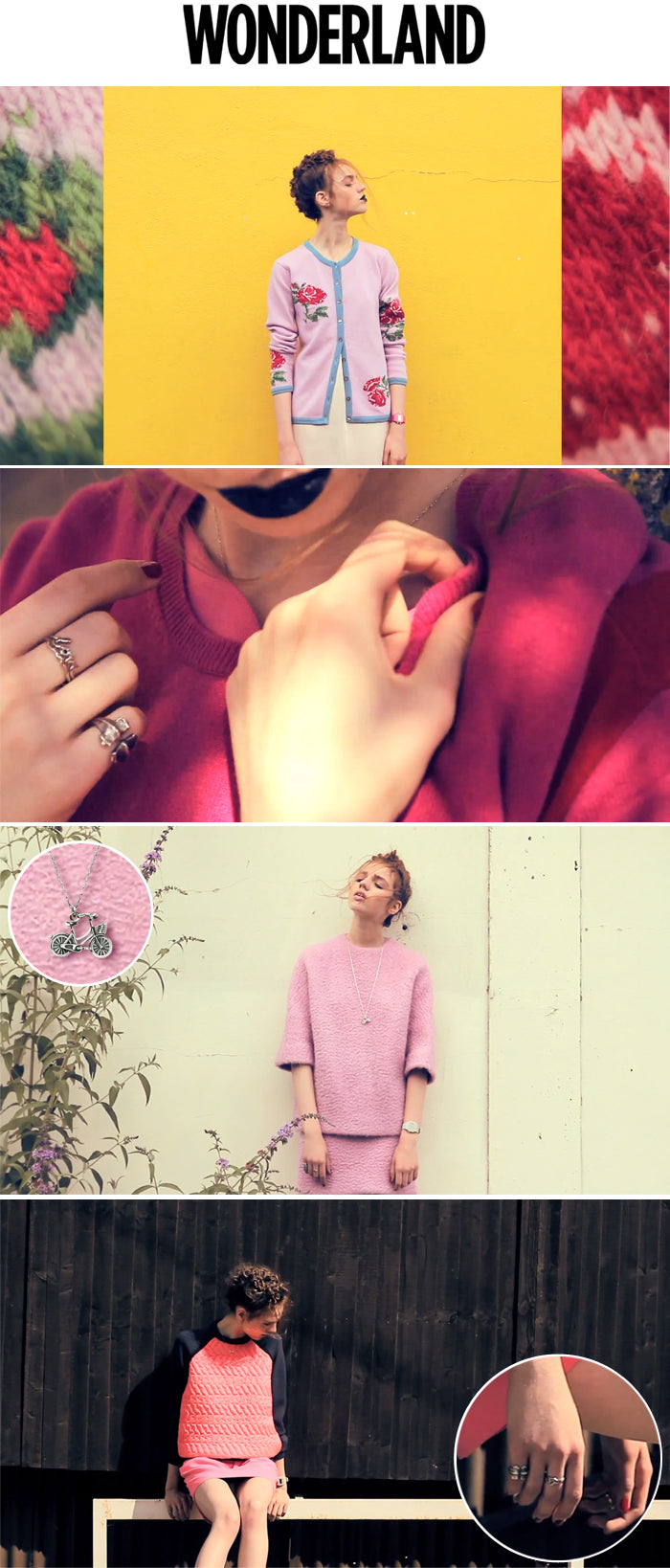 Wonderland magazine shoot of a model in pink knitwear wearing our silver rings and bicycle pendant