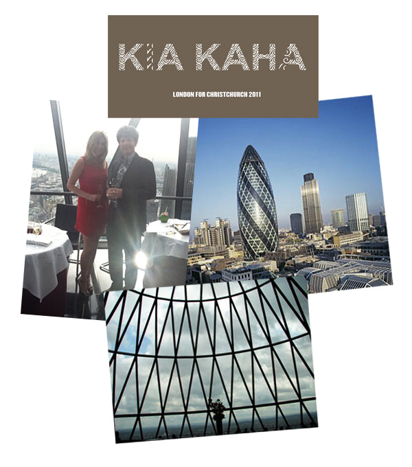 Kia Kaha London for Christchurch 2011 logo with photos of guests, the Gherkin and its glass dome