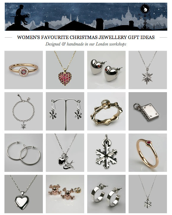 Grid of women's Christmas gift jewellery including a gold ruby ring, a ruby heart pendant and silver snowflake charms