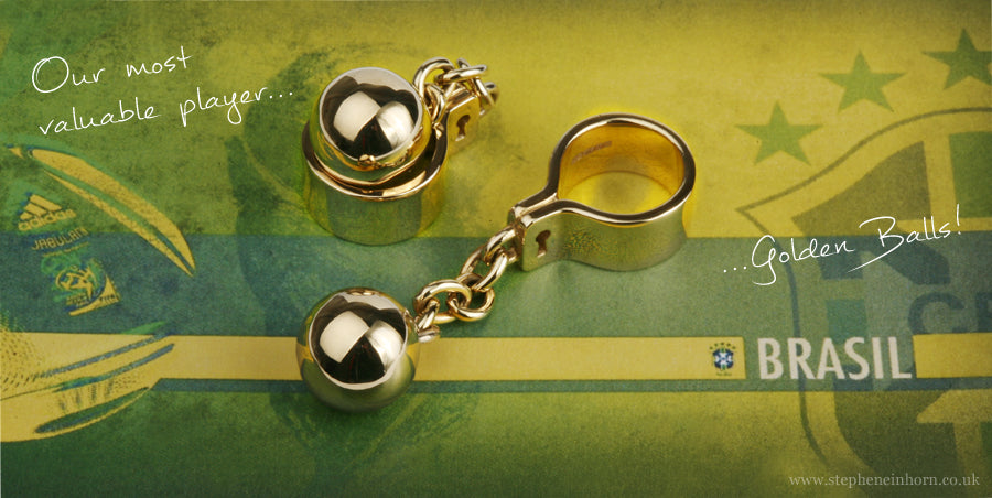 Gold ball and chain cufflinks on a Brazil football backdrop, captioned Our most valuable player... Golden Balls!