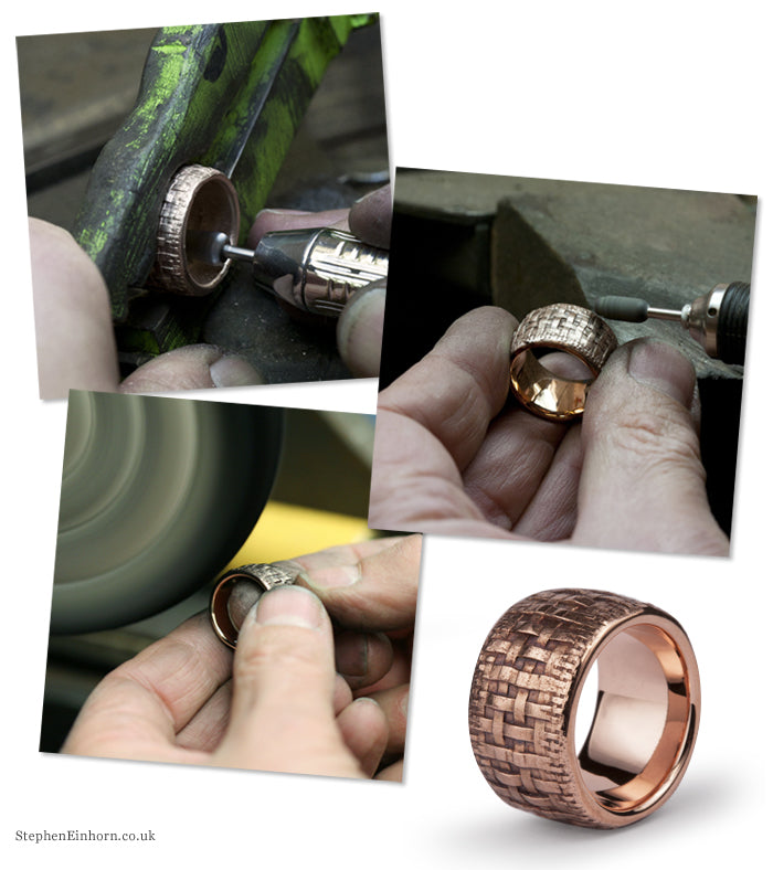 Jeweller finishing a bespoke 9ct rose gold ring with a woven texture in our workshop, and the finished ring