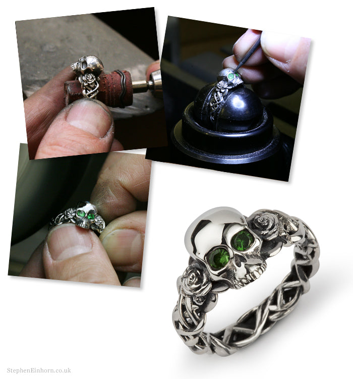Making a bespoke silver skull and rose wedding ring with green tsavorite eyes, from bench work to finished ring