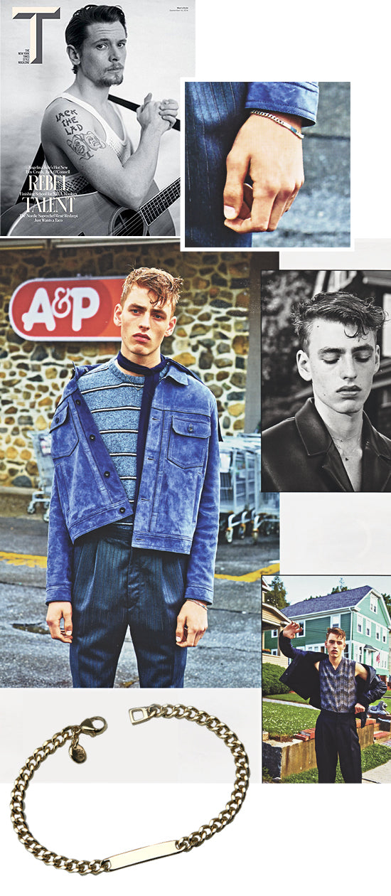 New York Times Style Magazine pages with a model in a blue suede jacket, and the men's gold ID bracelet