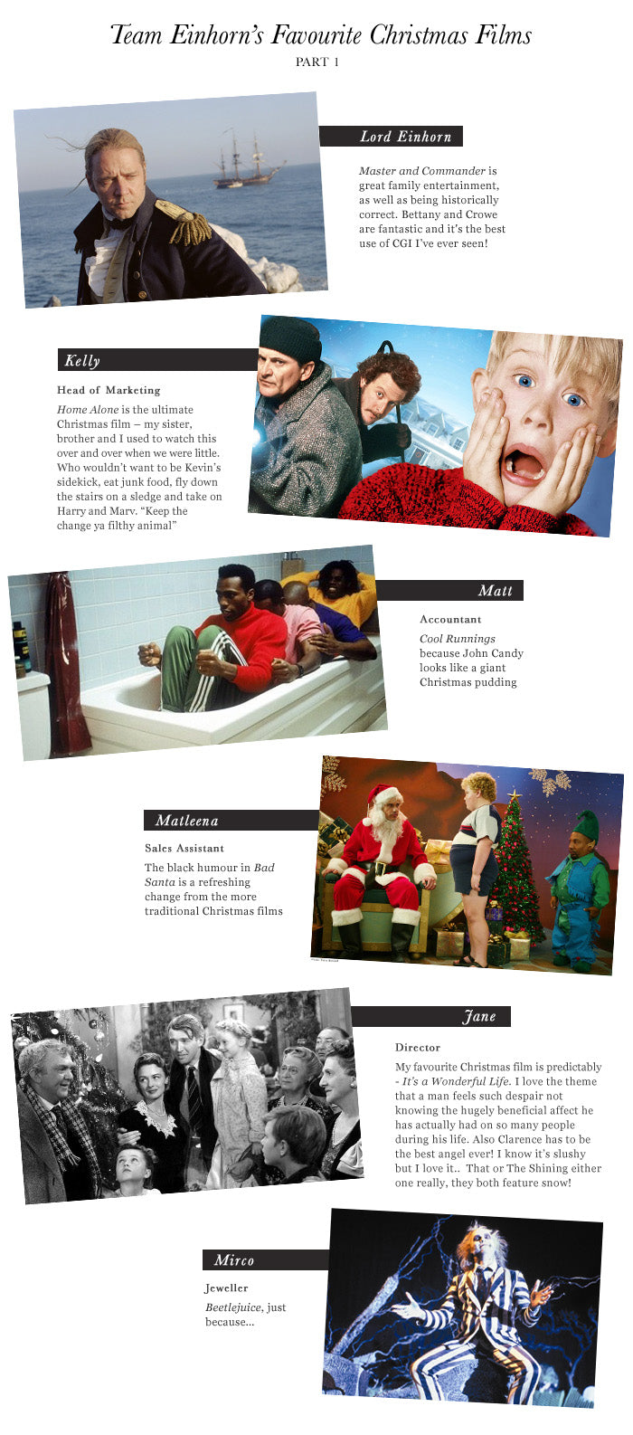 Stills from the team's favourite Christmas films, including Home Alone, Bad Santa and Beetlejuice