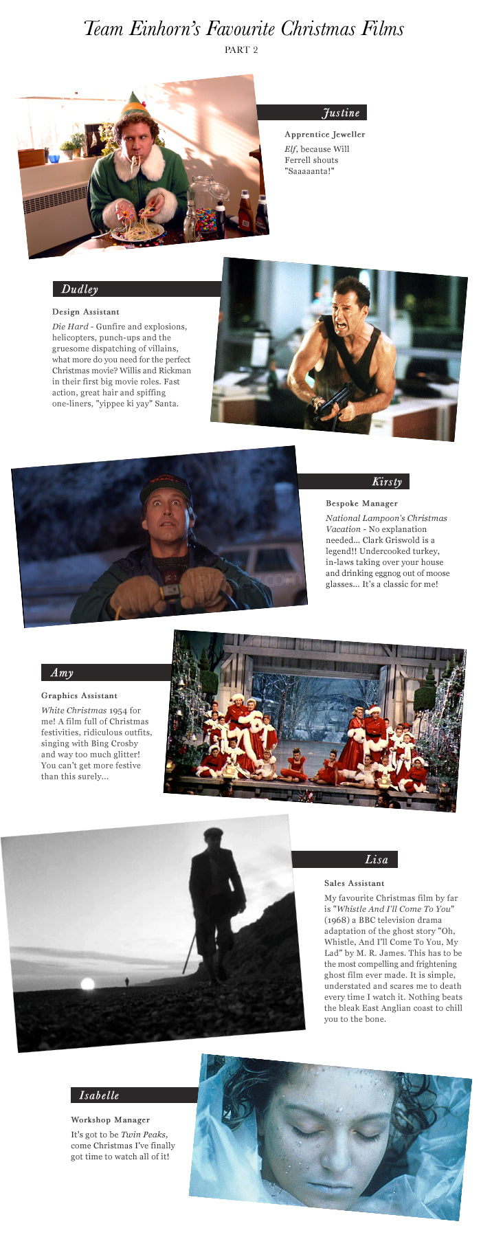 Collage of film stills from Elf, Die Hard, White Christmas, Twin Peaks and more, each with a team member's pick