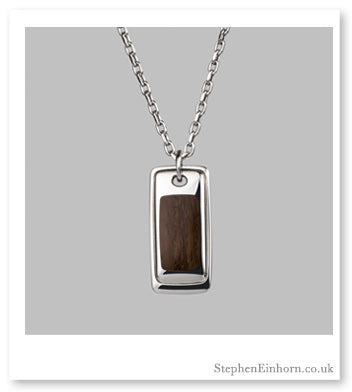 Silver rectangular pendant inlaid with 2,000-year-old Thames wood, on a silver chain