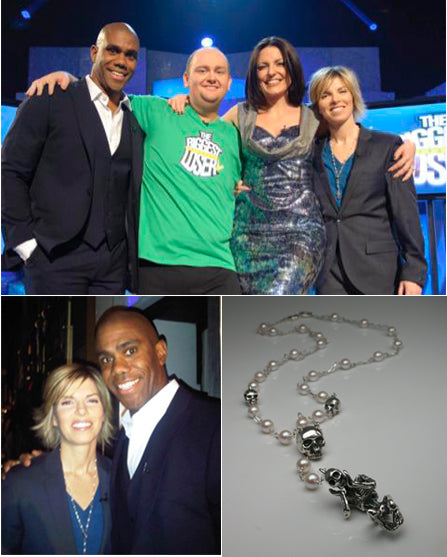 Silver Skullduggery necklace of pearls and skulls, beside photos of The Biggest Loser presenters and trainers