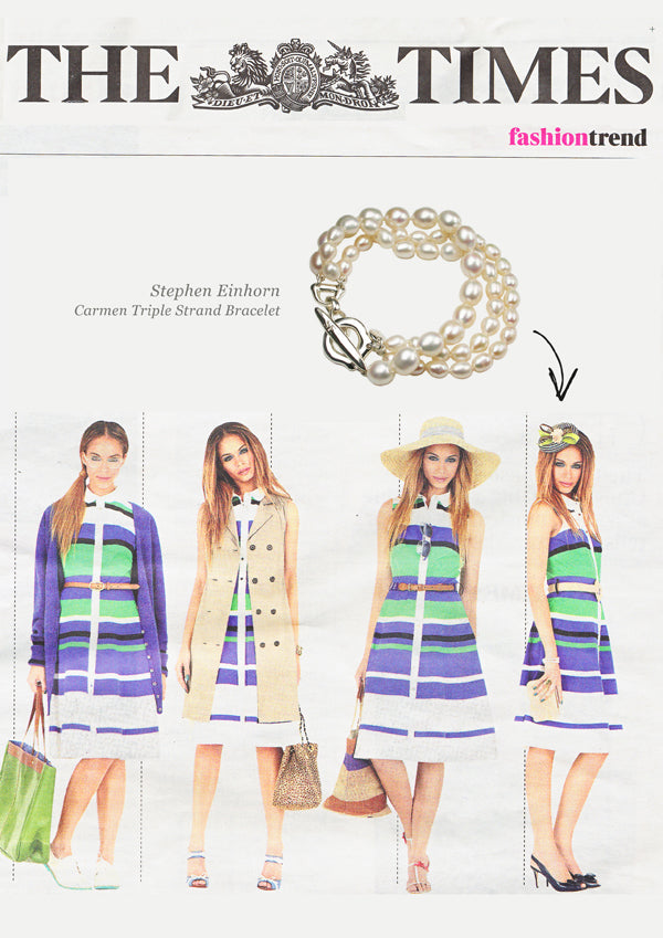 The Times fashion page featuring the Stephen Einhorn Carmen Triple Strand pearl bracelet beside models in striped dresses
