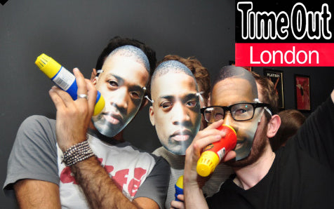 Time Out London party photo of three men in face masks, one wearing our pearl bracelet for men