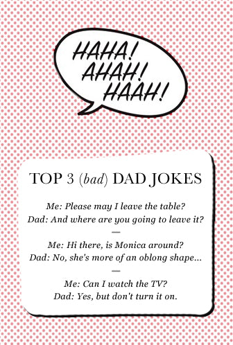 Graphic of a Haha! speech bubble over pink polka dots above a list of three bad dad jokes