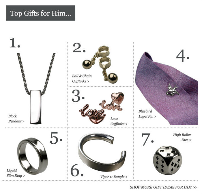 Seven jewellery gifts for him, including a block pendant, cufflinks, a lapel pin, a slim ring, a bangle and dice