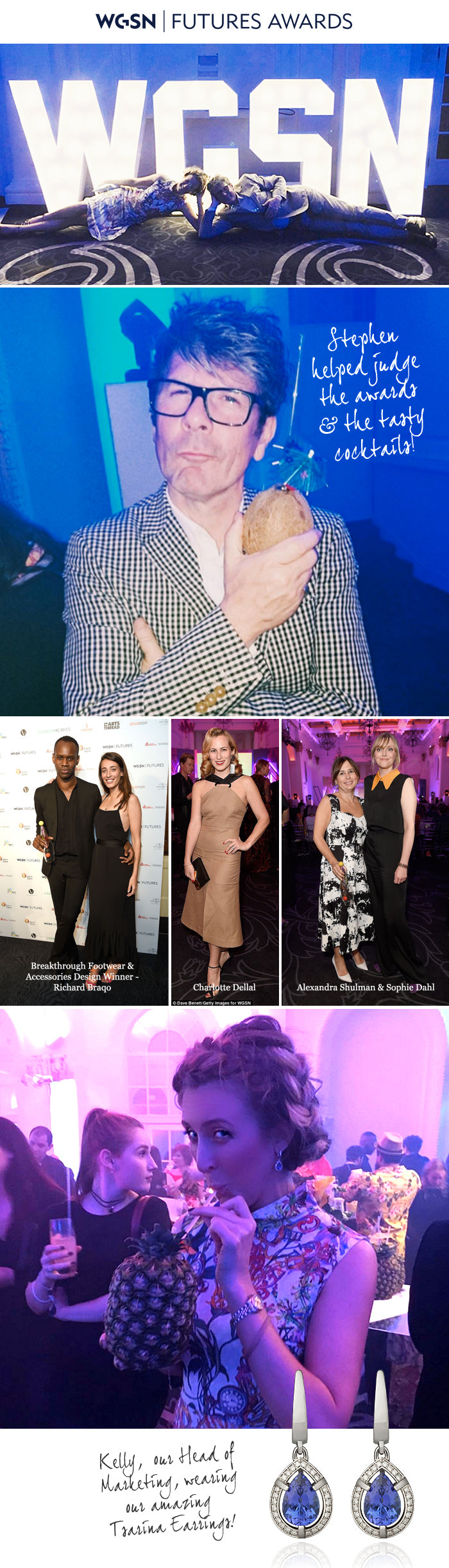 WGSN Futures Awards collage with Stephen holding a coconut cocktail and a colleague in tanzanite drop earrings