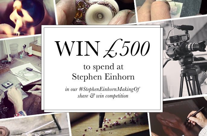 Text reading Win £500 to spend at Stephen Einhorn, framed by photos of jewellers at work in the workshop