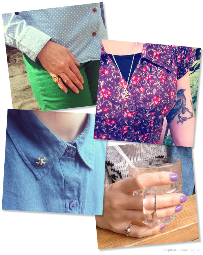 Customer photos: a gold ring, a pendant on a long chain, a crossbones collar pin and a stacking ring
