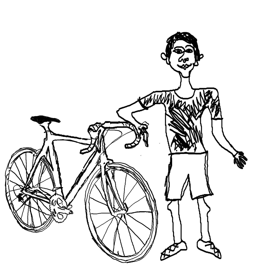 Black and white line drawing of a young man in shorts standing beside a road bike