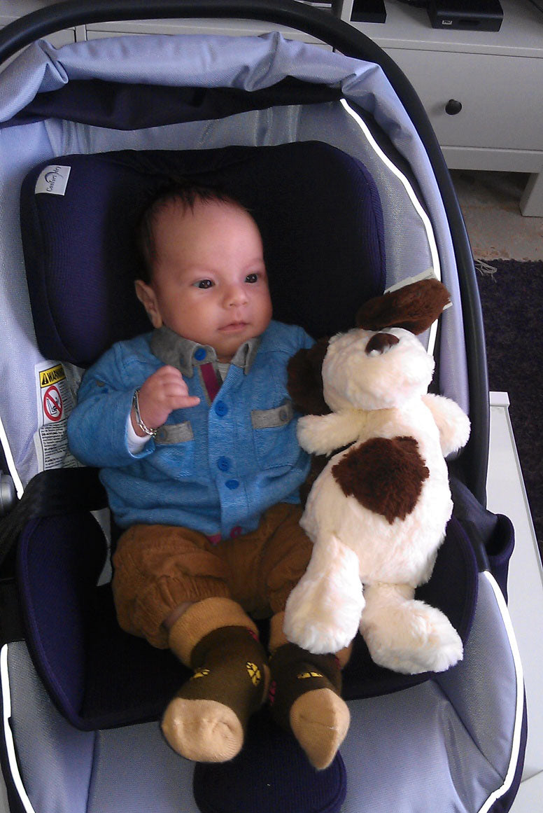 Baby in a blue shirt sitting in a car seat with a toy dog, wearing a small silver ID bracelet