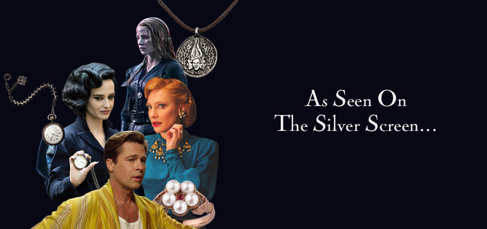 Film characters wearing pieces we made, a pocket watch, medallion and pearl ring, with As Seen On The Silver Screen