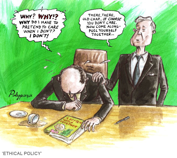 Polyp cartoon 'Ethical Policy' of a businessman in tears at his desk as a colleague consoles him