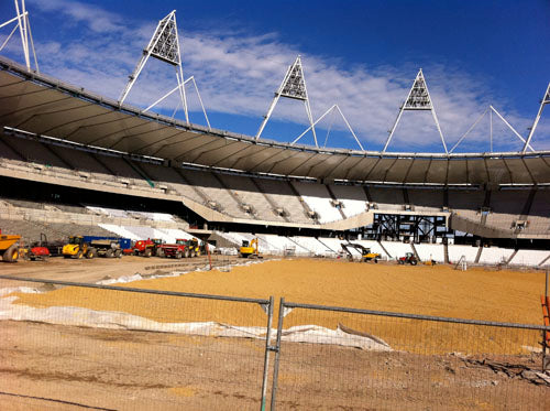 London Olympic Stadium under construction, with diggers on the sandy infield under a blue sky